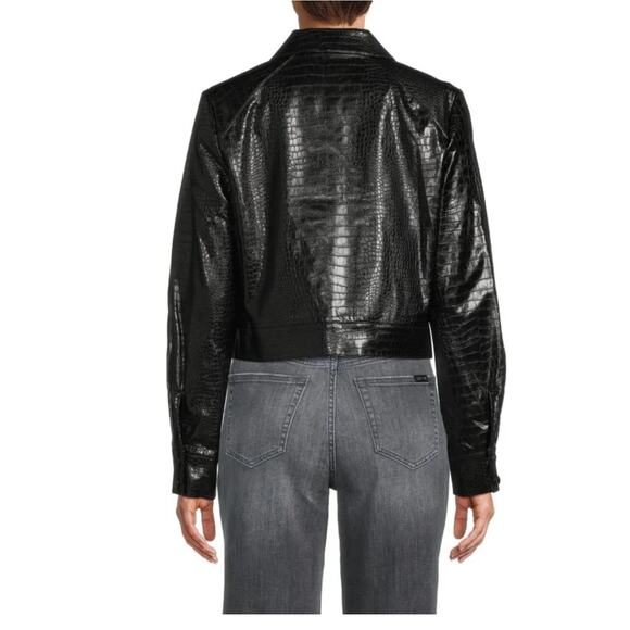 Calvin Klein Faux Leather Trucker Jacket 12 Black NWT Croc Coat Button Crop - Picture 2 of 9